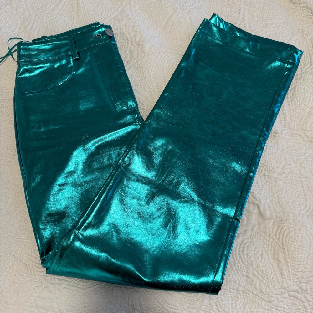 Metallic Teal Straight Leg Pants